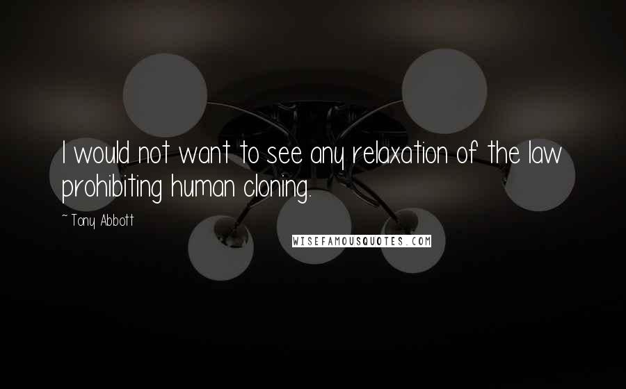 Tony Abbott Quotes: I would not want to see any relaxation of the law prohibiting human cloning.