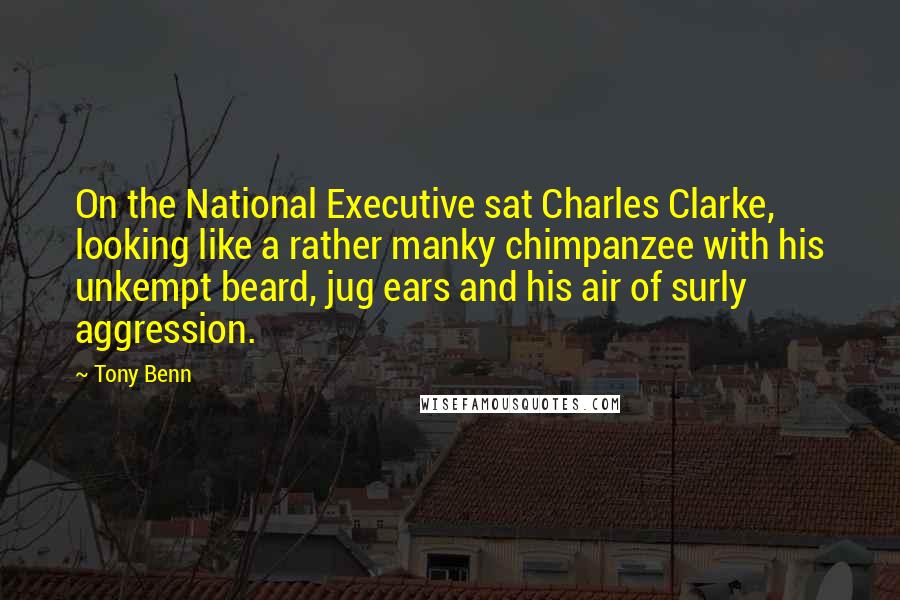 Tony Benn Quotes: On the National Executive sat Charles Clarke, looking like a rather manky chimpanzee with his unkempt beard, jug ears and his air of surly aggression.