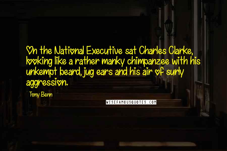 Tony Benn Quotes: On the National Executive sat Charles Clarke, looking like a rather manky chimpanzee with his unkempt beard, jug ears and his air of surly aggression.