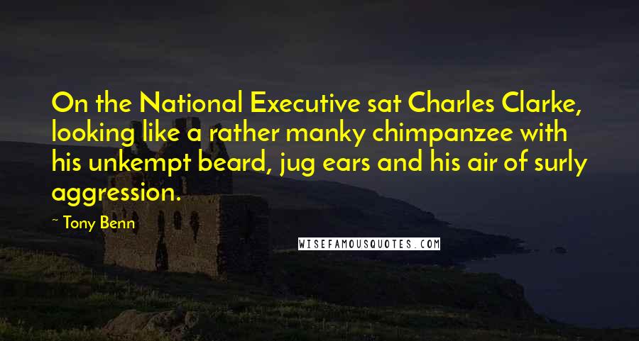 Tony Benn Quotes: On the National Executive sat Charles Clarke, looking like a rather manky chimpanzee with his unkempt beard, jug ears and his air of surly aggression.