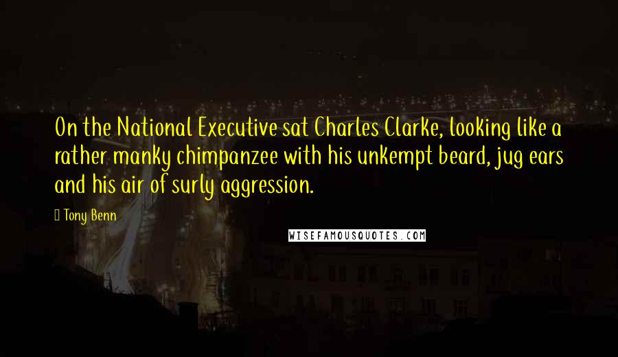 Tony Benn Quotes: On the National Executive sat Charles Clarke, looking like a rather manky chimpanzee with his unkempt beard, jug ears and his air of surly aggression.