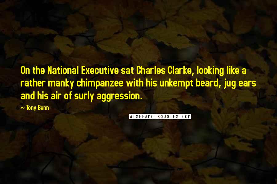 Tony Benn Quotes: On the National Executive sat Charles Clarke, looking like a rather manky chimpanzee with his unkempt beard, jug ears and his air of surly aggression.