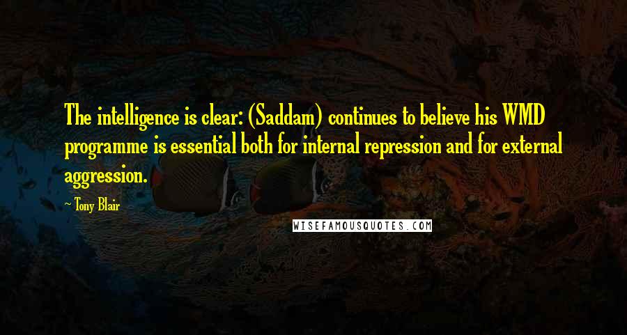 Tony Blair Quotes: The intelligence is clear: (Saddam) continues to believe his WMD programme is essential both for internal repression and for external aggression.