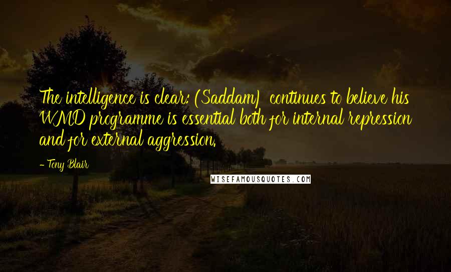 Tony Blair Quotes: The intelligence is clear: (Saddam) continues to believe his WMD programme is essential both for internal repression and for external aggression.
