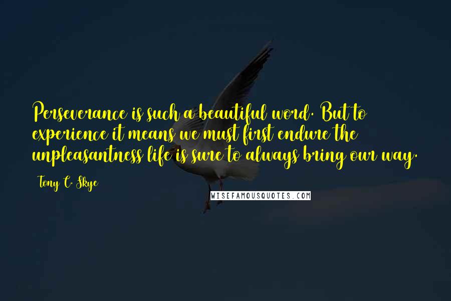 Tony C. Skye Quotes: Perseverance is such a beautiful word. But to experience it means we must first endure the unpleasantness life is sure to always bring our way.