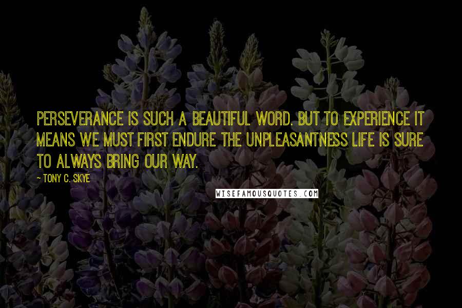 Tony C. Skye Quotes: Perseverance is such a beautiful word. But to experience it means we must first endure the unpleasantness life is sure to always bring our way.