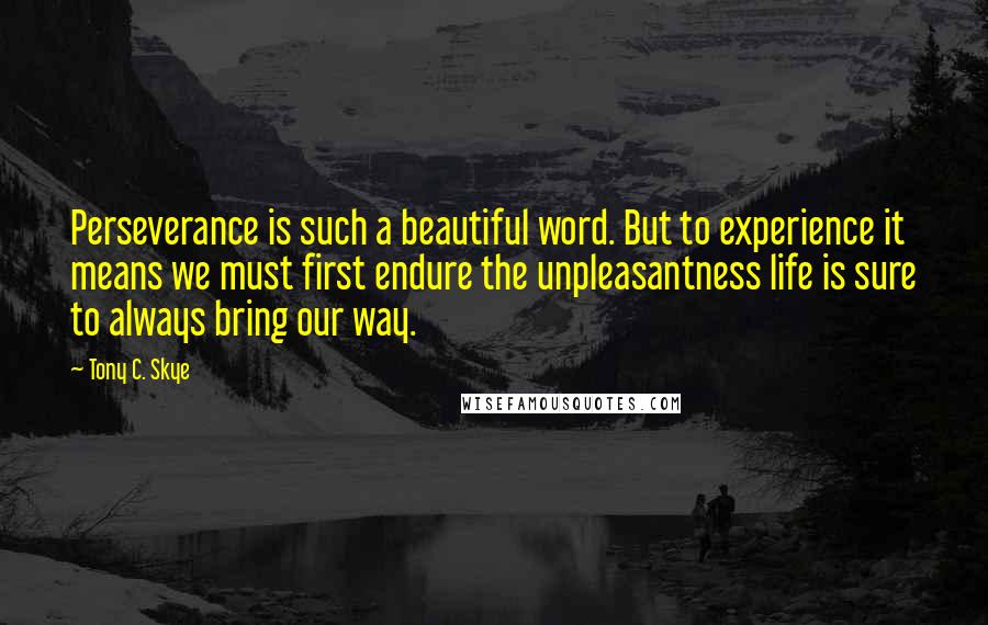 Tony C. Skye Quotes: Perseverance is such a beautiful word. But to experience it means we must first endure the unpleasantness life is sure to always bring our way.