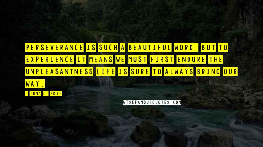 Tony C. Skye Quotes: Perseverance is such a beautiful word. But to experience it means we must first endure the unpleasantness life is sure to always bring our way.