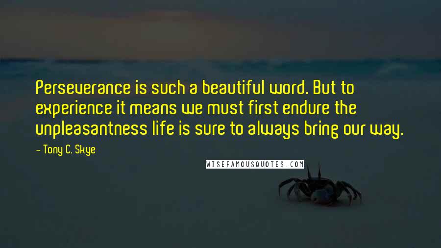 Tony C. Skye Quotes: Perseverance is such a beautiful word. But to experience it means we must first endure the unpleasantness life is sure to always bring our way.