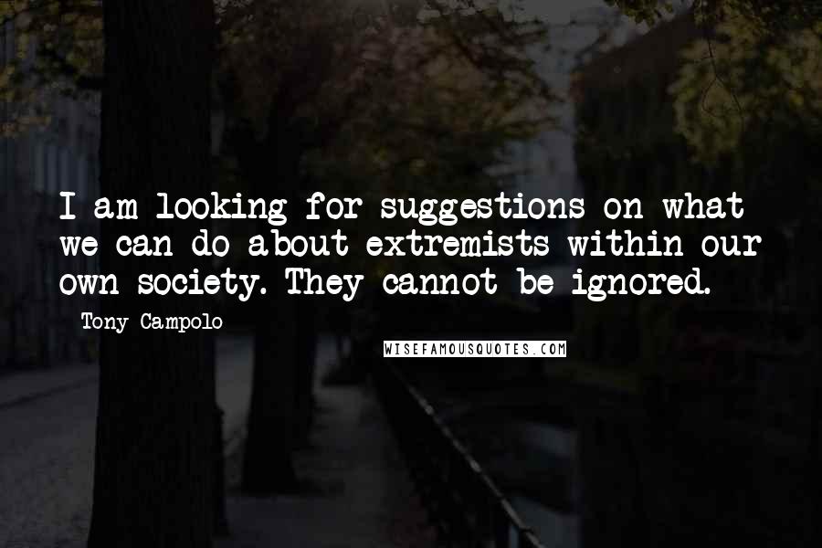 Tony Campolo Quotes: I am looking for suggestions on what we can do about extremists within our own society. They cannot be ignored.