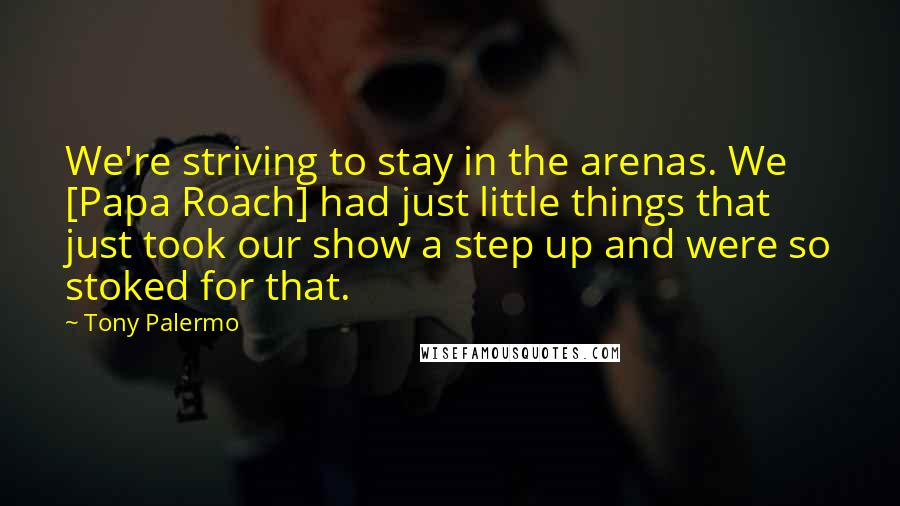 Tony Palermo Quotes: We're striving to stay in the arenas. We [Papa Roach] had just little things that just took our show a step up and were so stoked for that.