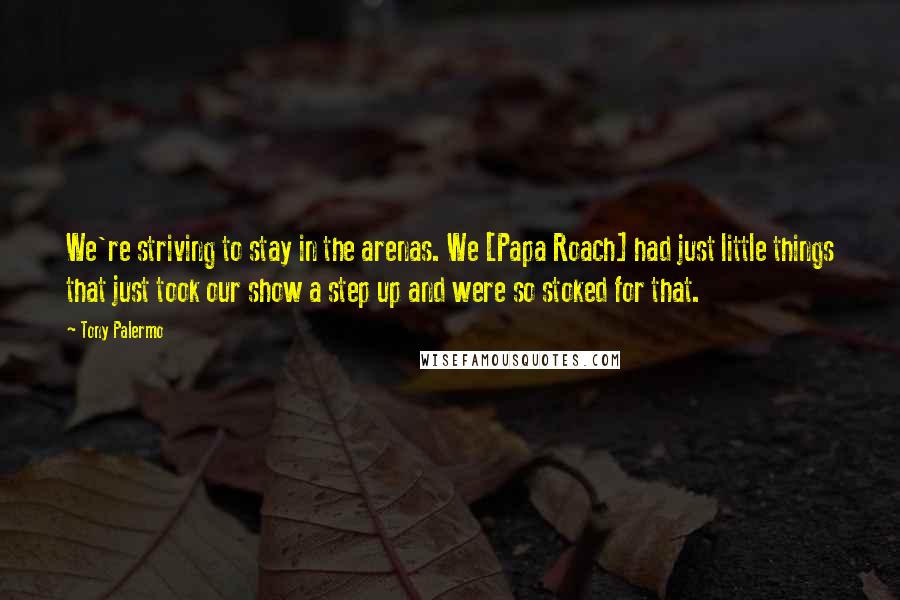 Tony Palermo Quotes: We're striving to stay in the arenas. We [Papa Roach] had just little things that just took our show a step up and were so stoked for that.