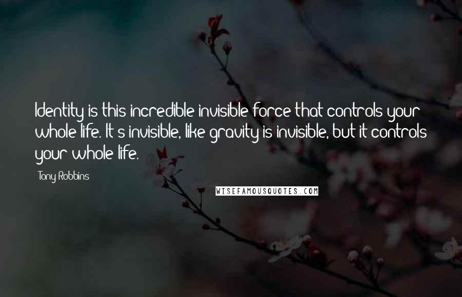 Tony Robbins Quotes: Identity is this incredible invisible force that controls your whole life. It's invisible, like gravity is invisible, but it controls your whole life.