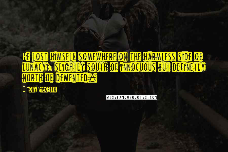 Tony Vigorito Quotes: He lost himself somewhere on the harmless side of lunacy, slightly south of innocuous but definetly north of demented.