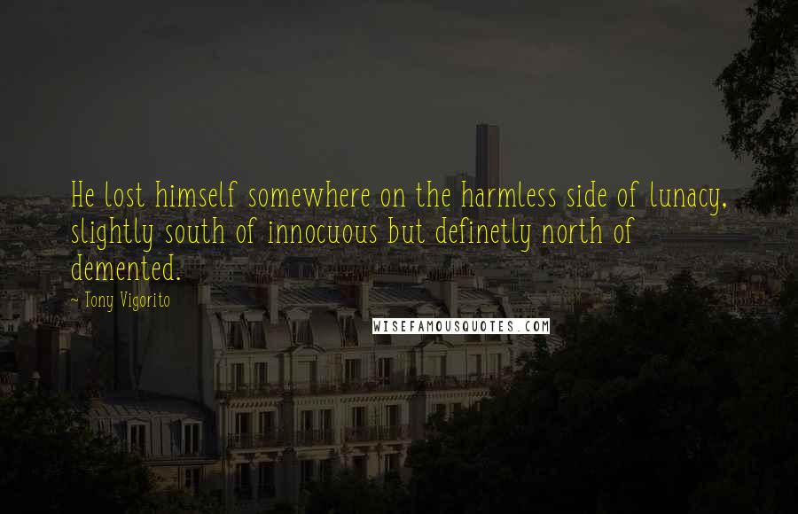 Tony Vigorito Quotes: He lost himself somewhere on the harmless side of lunacy, slightly south of innocuous but definetly north of demented.