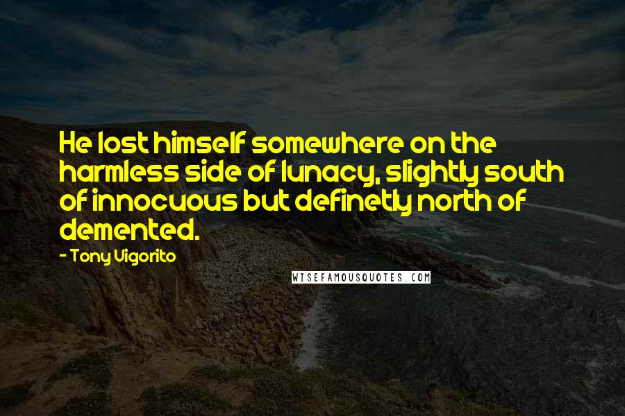 Tony Vigorito Quotes: He lost himself somewhere on the harmless side of lunacy, slightly south of innocuous but definetly north of demented.