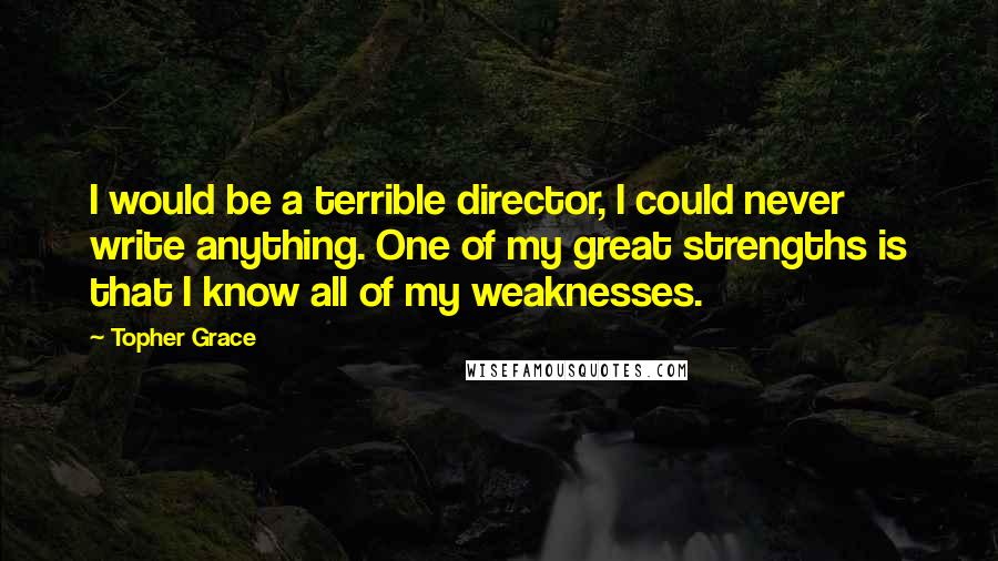Topher Grace Quotes: I would be a terrible director, I could never write anything. One of my great strengths is that I know all of my weaknesses.
