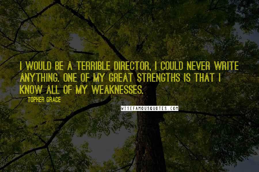 Topher Grace Quotes: I would be a terrible director, I could never write anything. One of my great strengths is that I know all of my weaknesses.