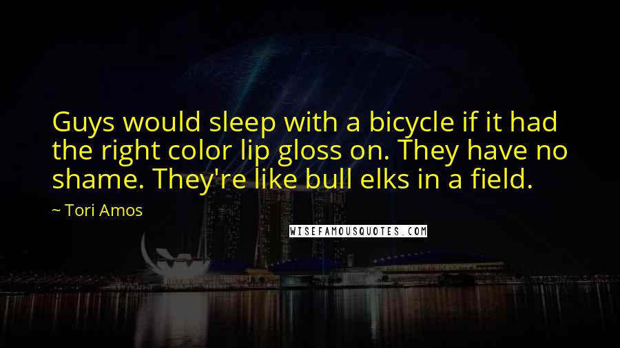 Tori Amos Quotes: Guys would sleep with a bicycle if it had the right color lip gloss on. They have no shame. They're like bull elks in a field.