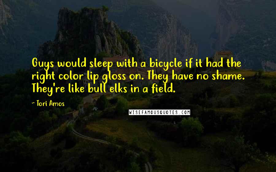 Tori Amos Quotes: Guys would sleep with a bicycle if it had the right color lip gloss on. They have no shame. They're like bull elks in a field.