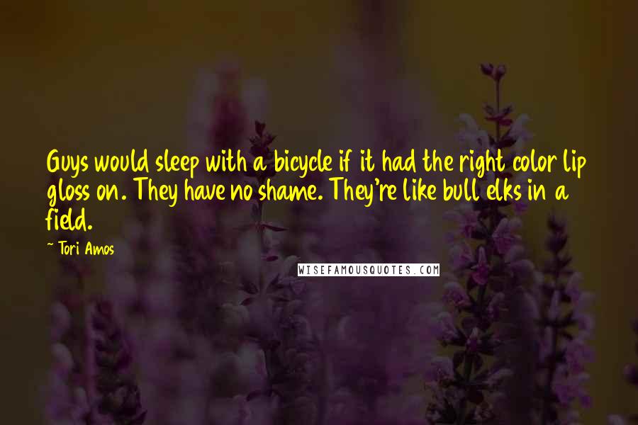 Tori Amos Quotes: Guys would sleep with a bicycle if it had the right color lip gloss on. They have no shame. They're like bull elks in a field.