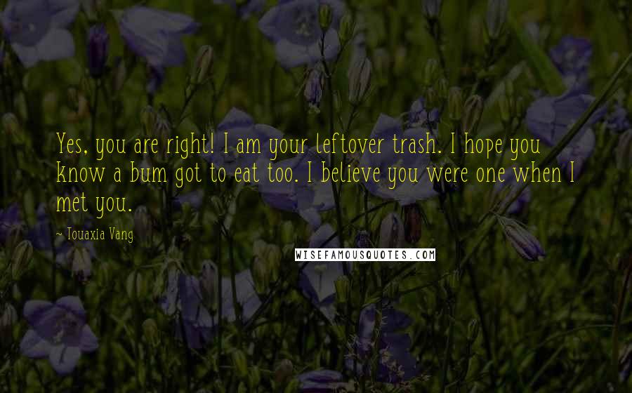 Touaxia Vang Quotes: Yes, you are right! I am your leftover trash. I hope you know a bum got to eat too. I believe you were one when I met you.