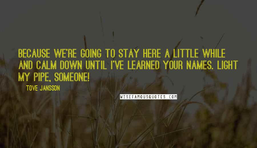 Tove Jansson Quotes: Because we're going to stay here a little while and calm down until I've learned your names. Light my pipe, someone!