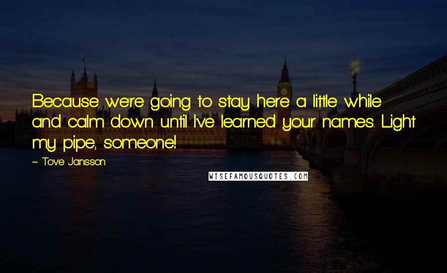 Tove Jansson Quotes: Because we're going to stay here a little while and calm down until I've learned your names. Light my pipe, someone!