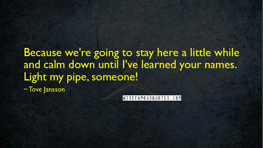 Tove Jansson Quotes: Because we're going to stay here a little while and calm down until I've learned your names. Light my pipe, someone!