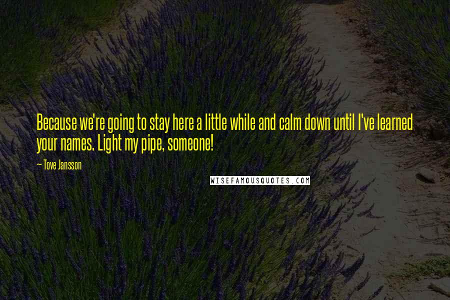 Tove Jansson Quotes: Because we're going to stay here a little while and calm down until I've learned your names. Light my pipe, someone!