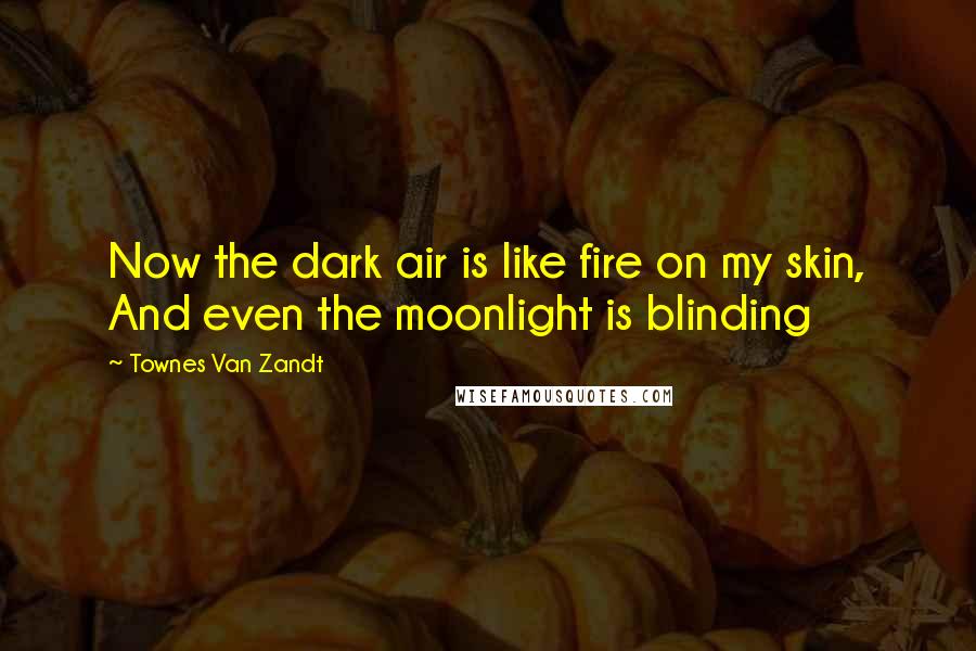 Townes Van Zandt Quotes: Now the dark air is like fire on my skin, And even the moonlight is blinding