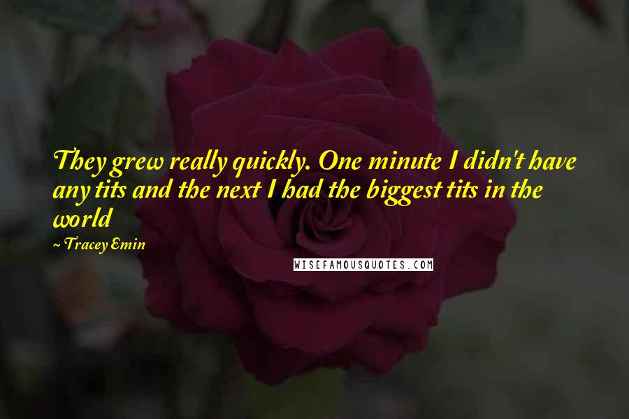 Tracey Emin Quotes: They grew really quickly. One minute I didn't have any tits and the next I had the biggest tits in the world