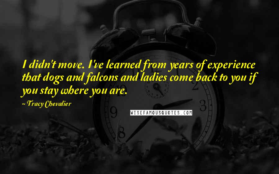 Tracy Chevalier Quotes: I didn't move. I've learned from years of experience that dogs and falcons and ladies come back to you if you stay where you are.