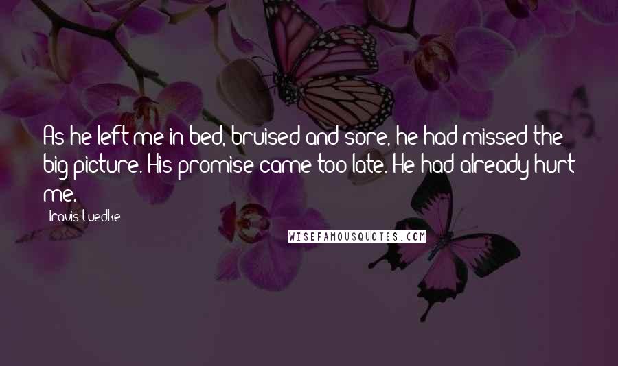 Travis Luedke Quotes: As he left me in bed, bruised and sore, he had missed the big picture. His promise came too late. He had already hurt me.