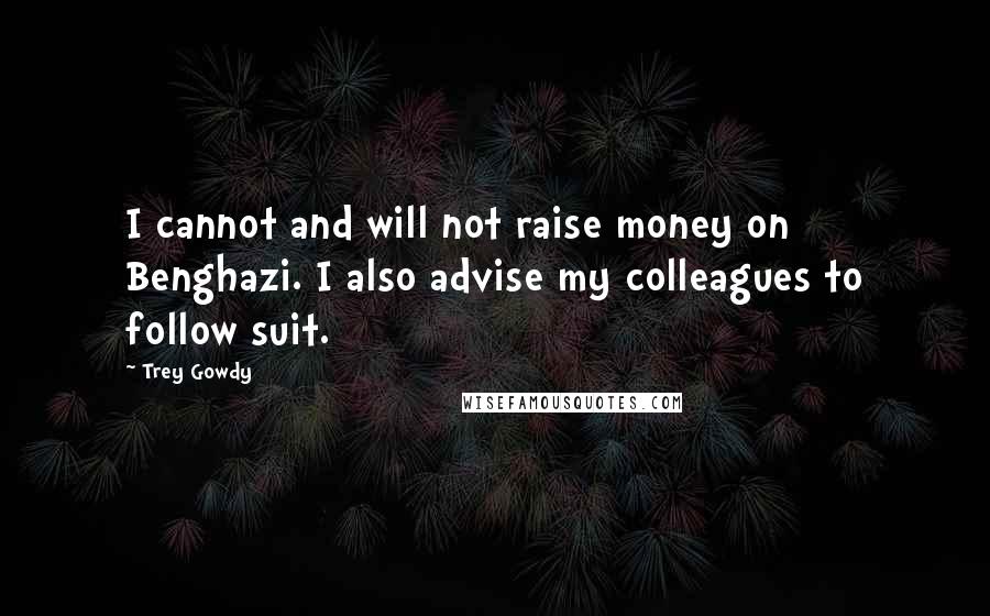 Trey Gowdy Quotes: I cannot and will not raise money on Benghazi. I also advise my colleagues to follow suit.