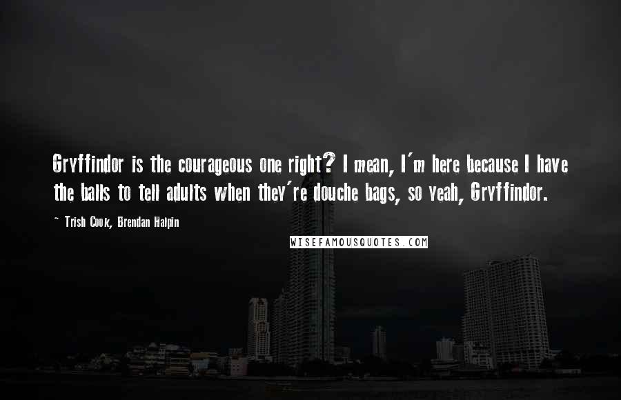 Trish Cook, Brendan Halpin Quotes: Gryffindor is the courageous one right? I mean, I'm here because I have the balls to tell adults when they're douche bags, so yeah, Gryffindor.