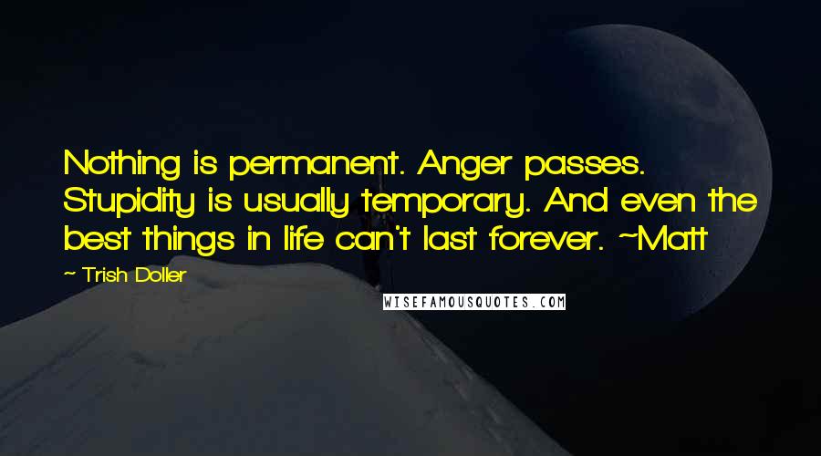 Trish Doller Quotes: Nothing is permanent. Anger passes. Stupidity is usually temporary. And even the best things in life can't last forever. ~Matt