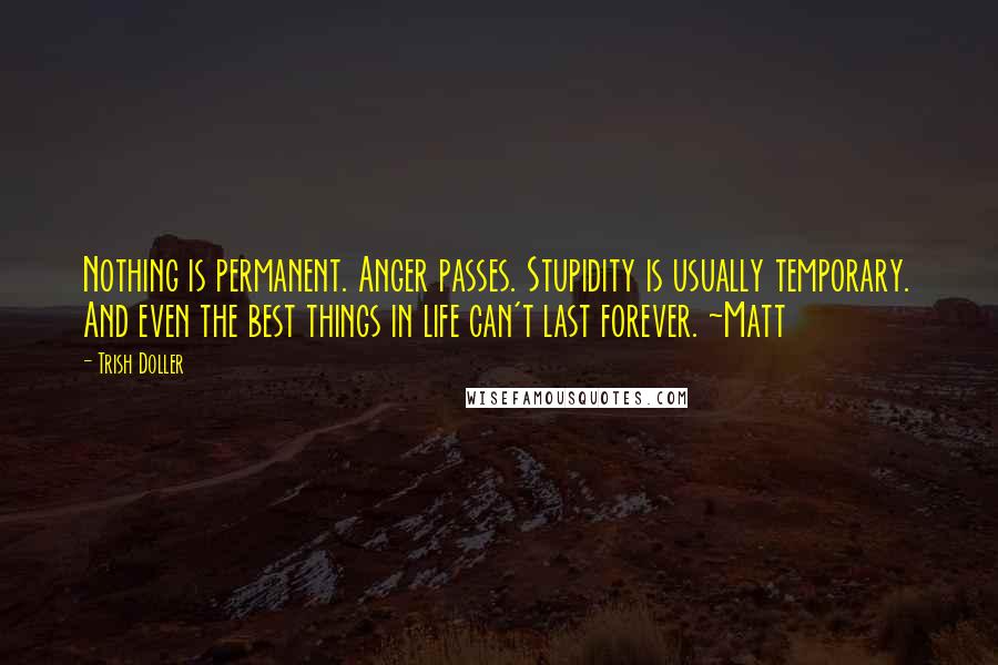Trish Doller Quotes: Nothing is permanent. Anger passes. Stupidity is usually temporary. And even the best things in life can't last forever. ~Matt