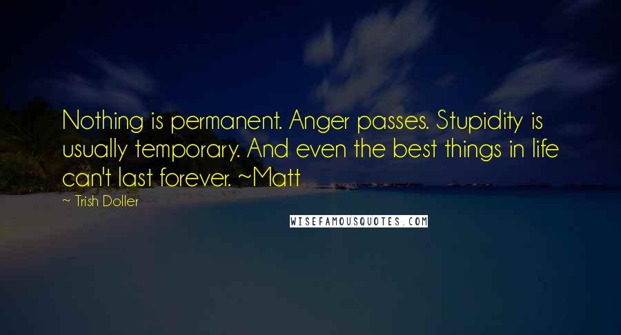 Trish Doller Quotes: Nothing is permanent. Anger passes. Stupidity is usually temporary. And even the best things in life can't last forever. ~Matt