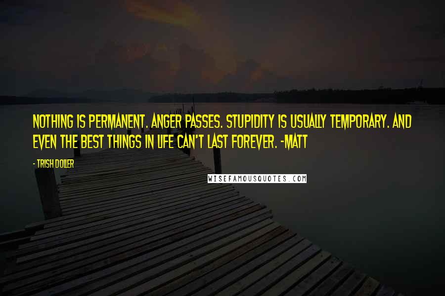 Trish Doller Quotes: Nothing is permanent. Anger passes. Stupidity is usually temporary. And even the best things in life can't last forever. ~Matt