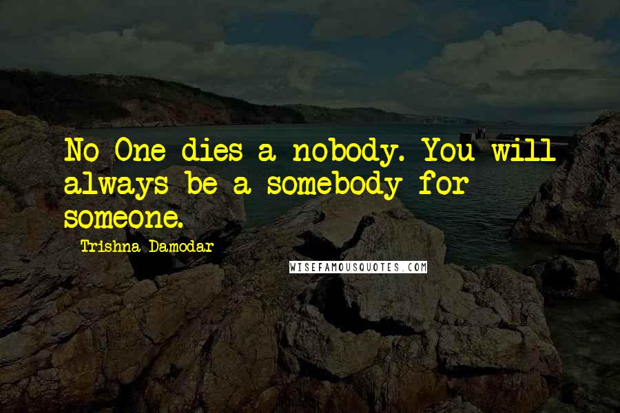 Trishna Damodar Quotes: No One dies a nobody. You will always be a somebody for someone.