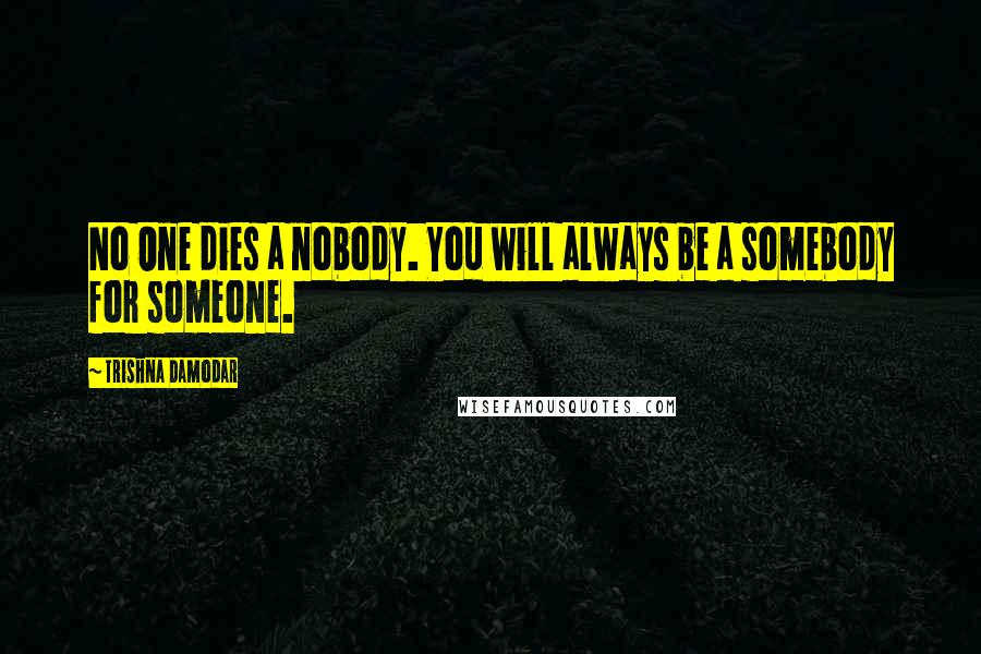 Trishna Damodar Quotes: No One dies a nobody. You will always be a somebody for someone.