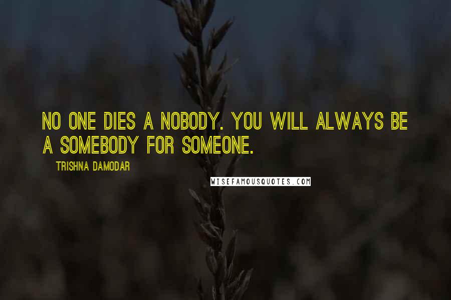 Trishna Damodar Quotes: No One dies a nobody. You will always be a somebody for someone.