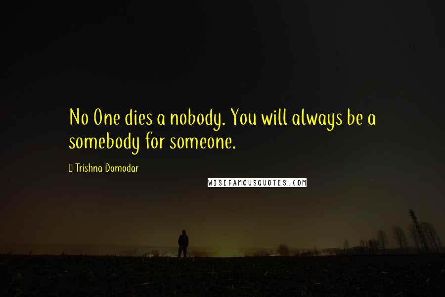 Trishna Damodar Quotes: No One dies a nobody. You will always be a somebody for someone.