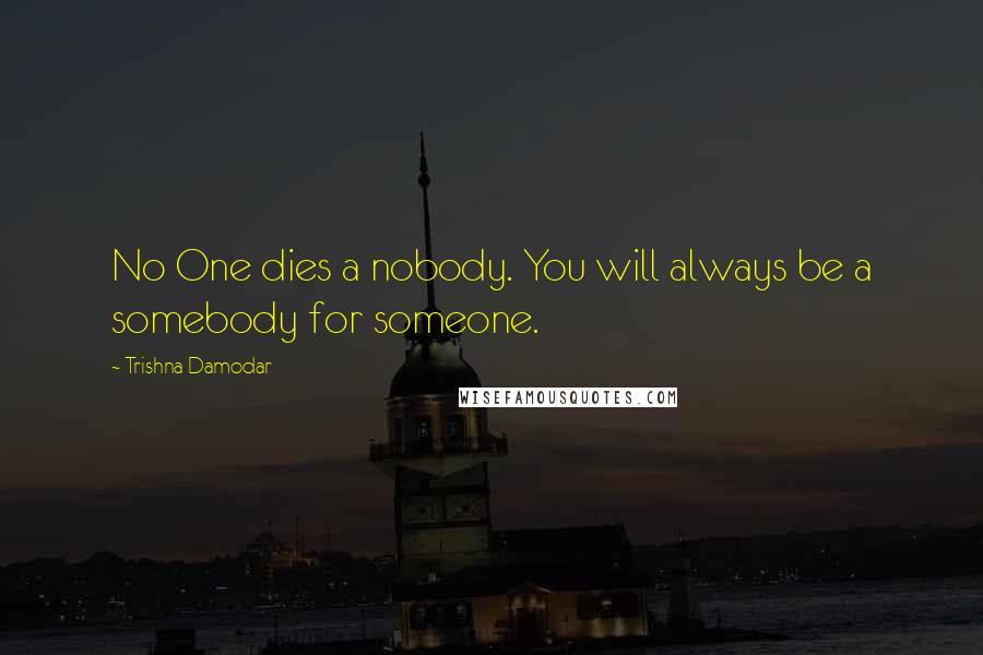 Trishna Damodar Quotes: No One dies a nobody. You will always be a somebody for someone.