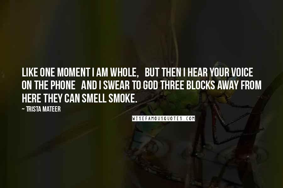 Trista Mateer Quotes: Like one moment I am whole,   but then I hear your voice on the phone   and I swear to god three blocks away from here they can smell smoke.