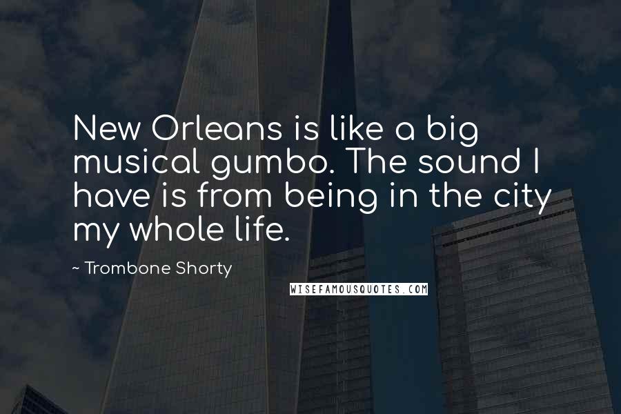 Trombone Shorty Quotes: New Orleans is like a big musical gumbo. The sound I have is from being in the city my whole life.