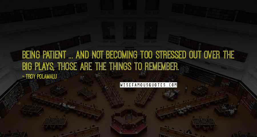 Troy Polamalu Quotes: Being patient ... and not becoming too stressed out over the big plays, those are the things to remember.