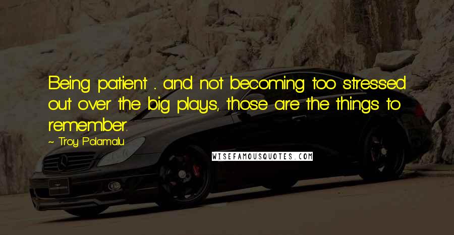 Troy Polamalu Quotes: Being patient ... and not becoming too stressed out over the big plays, those are the things to remember.