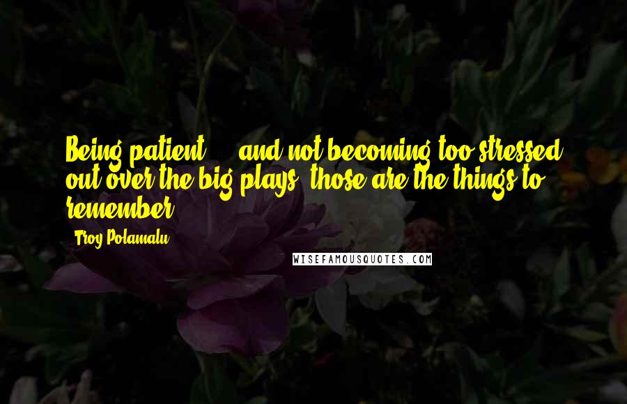 Troy Polamalu Quotes: Being patient ... and not becoming too stressed out over the big plays, those are the things to remember.